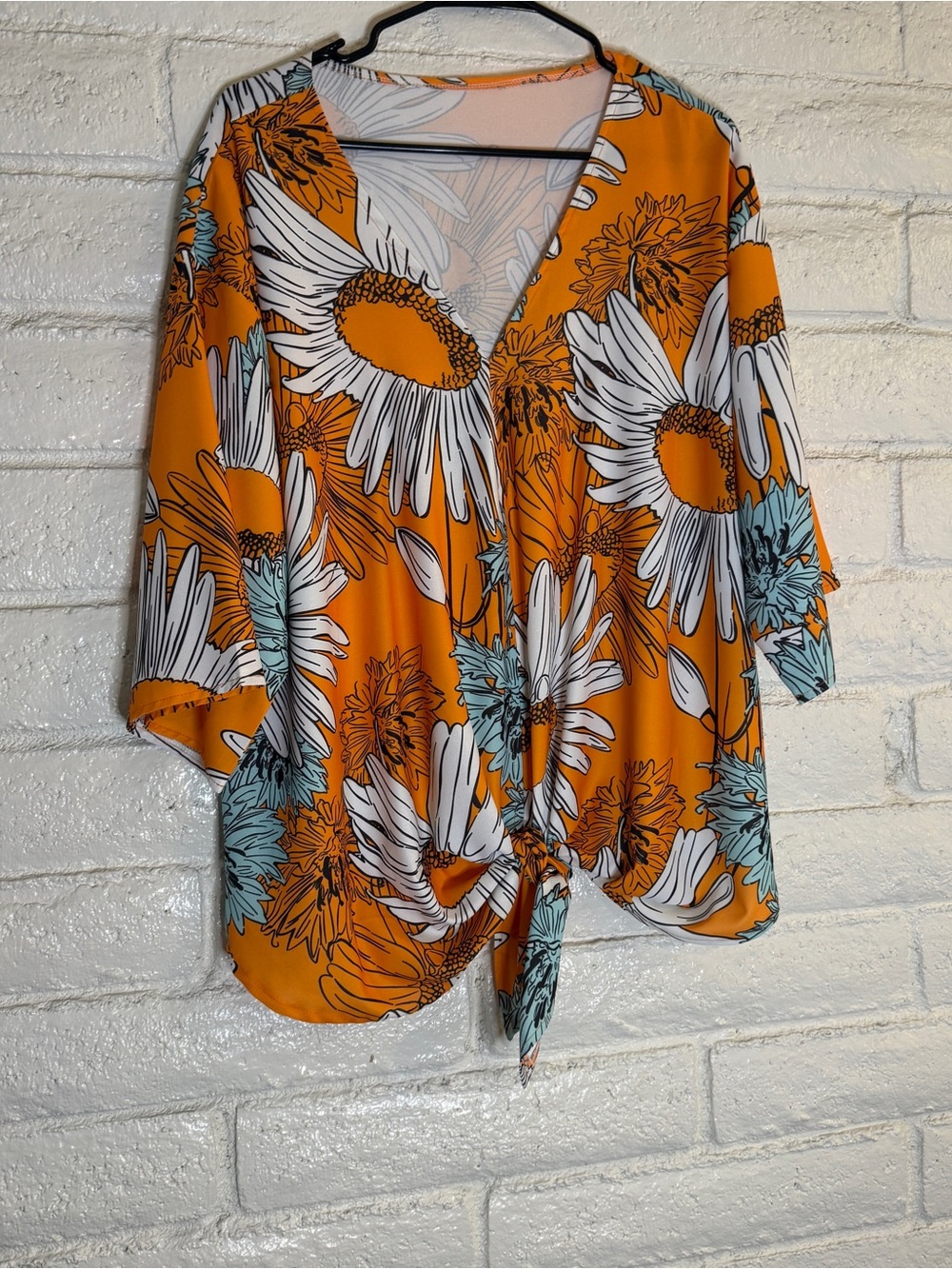 Sunflower Floral Wrap Front Blouse | Orange Boho Tie Waist Top | 3/4 Sleeve - Picture 2 of 11